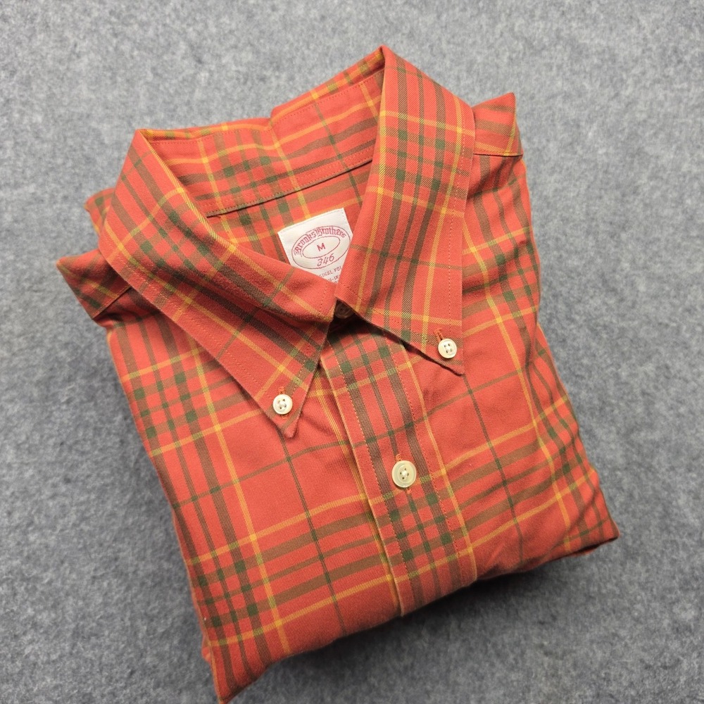Brooks Brothers 346 Mens Orange Plaid Non-Iron Cotton Button Down Shirt Medium